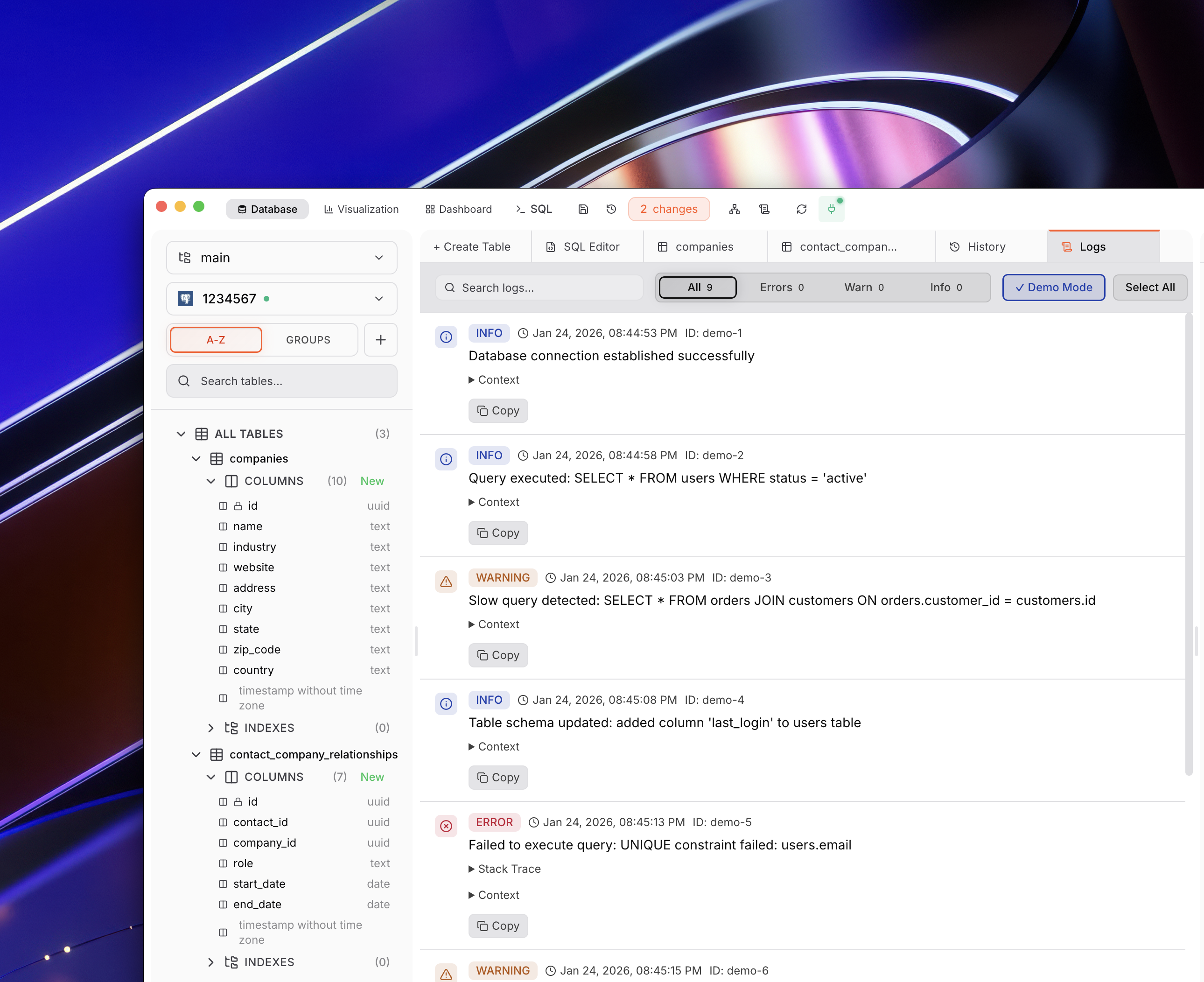Application logs with filtering and search
