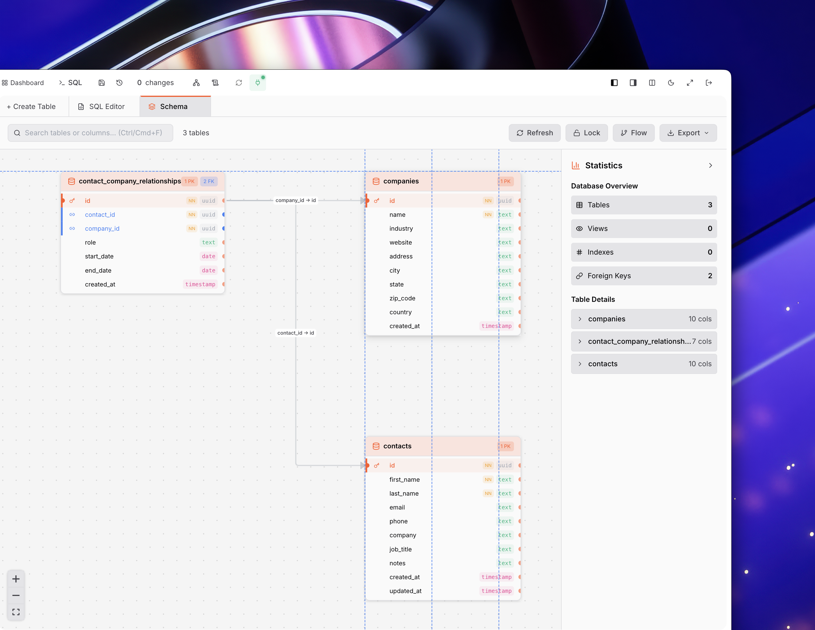 Visual database schema designer with auto-layout
