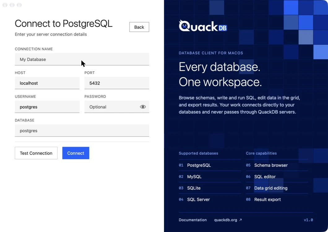 QuackDB Connect to PostgreSQL form with connection name, host, port, username, password and database fields