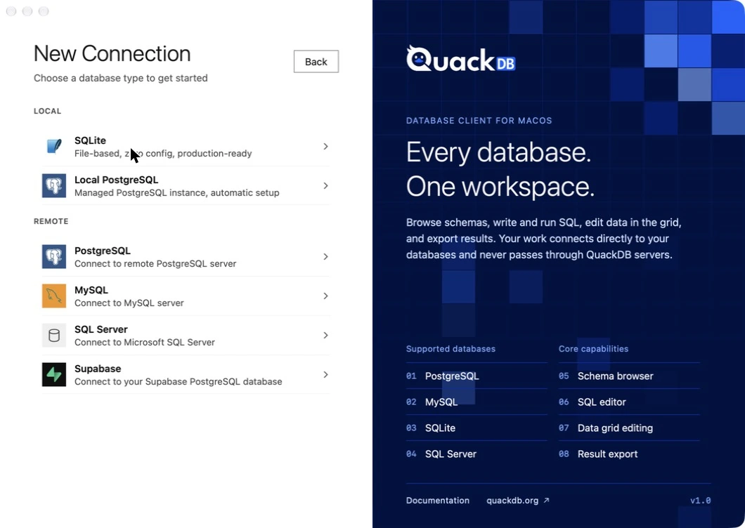 QuackDB New Connection screen listing SQLite and Local PostgreSQL under Local, and PostgreSQL, MySQL, SQL Server and Supabase under Remote