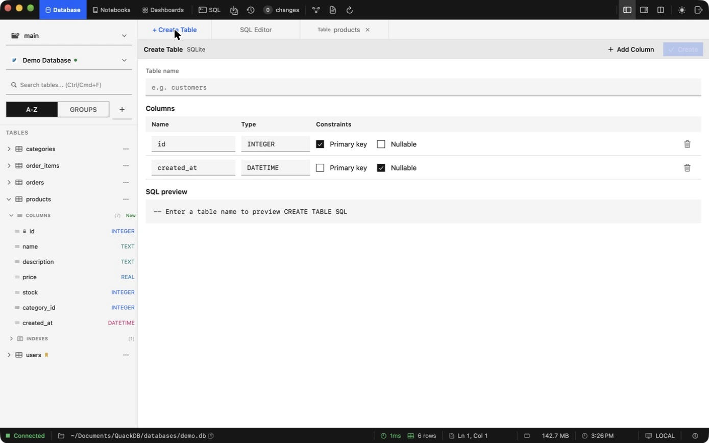 QuackDB Create Table builder with table name, columns, constraints and an SQL preview