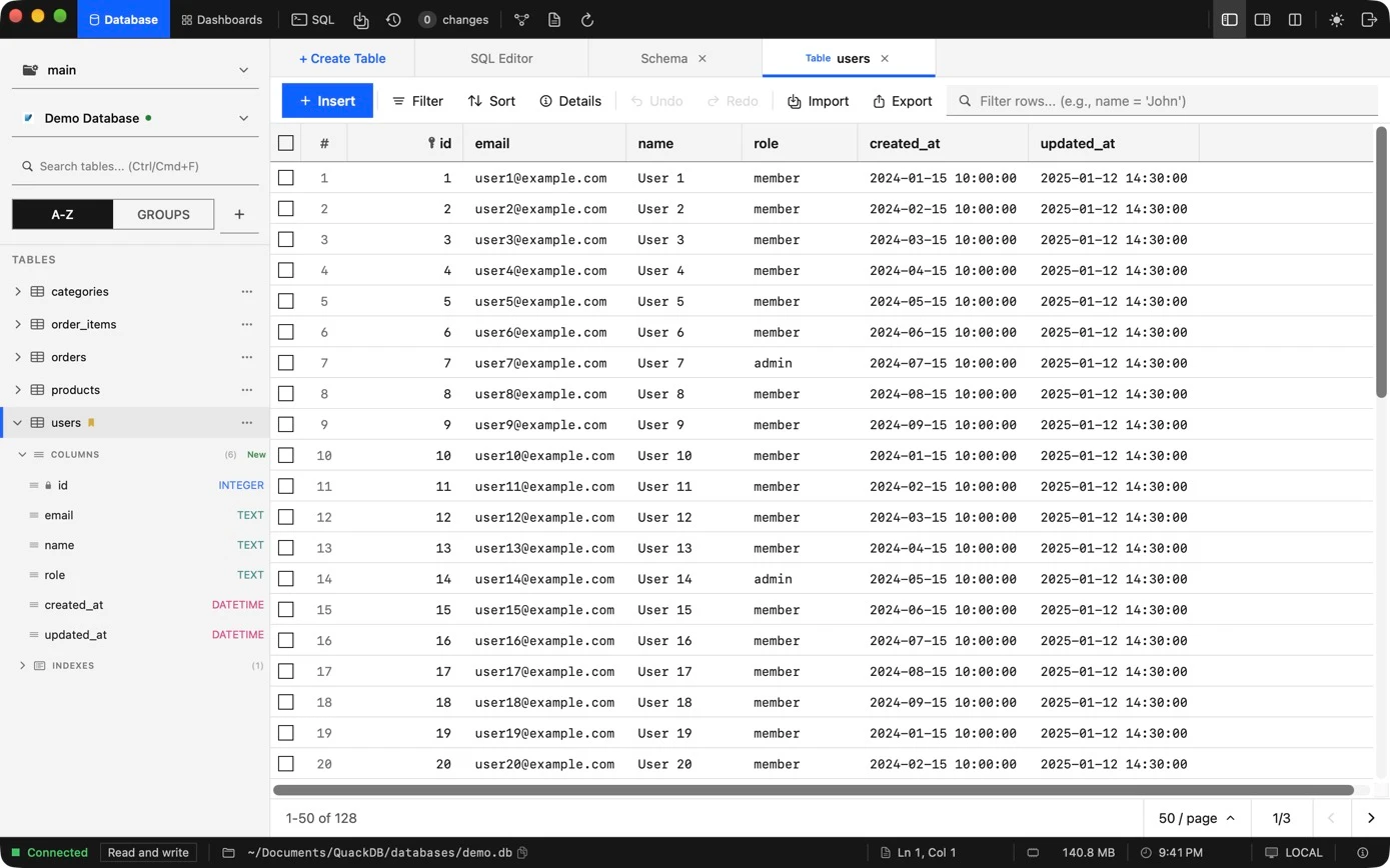 QuackDB data grid showing a users table with filter, sort, import and export controls