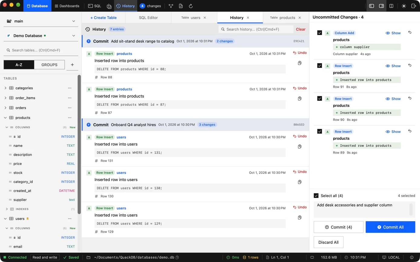 QuackDB change history with two commits and a panel of pending changes with a commit message
