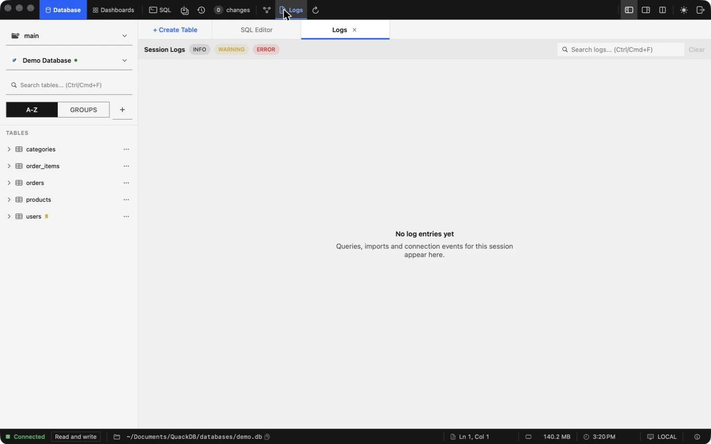 QuackDB Logs tab with Info, Warning and Error filters and a search box