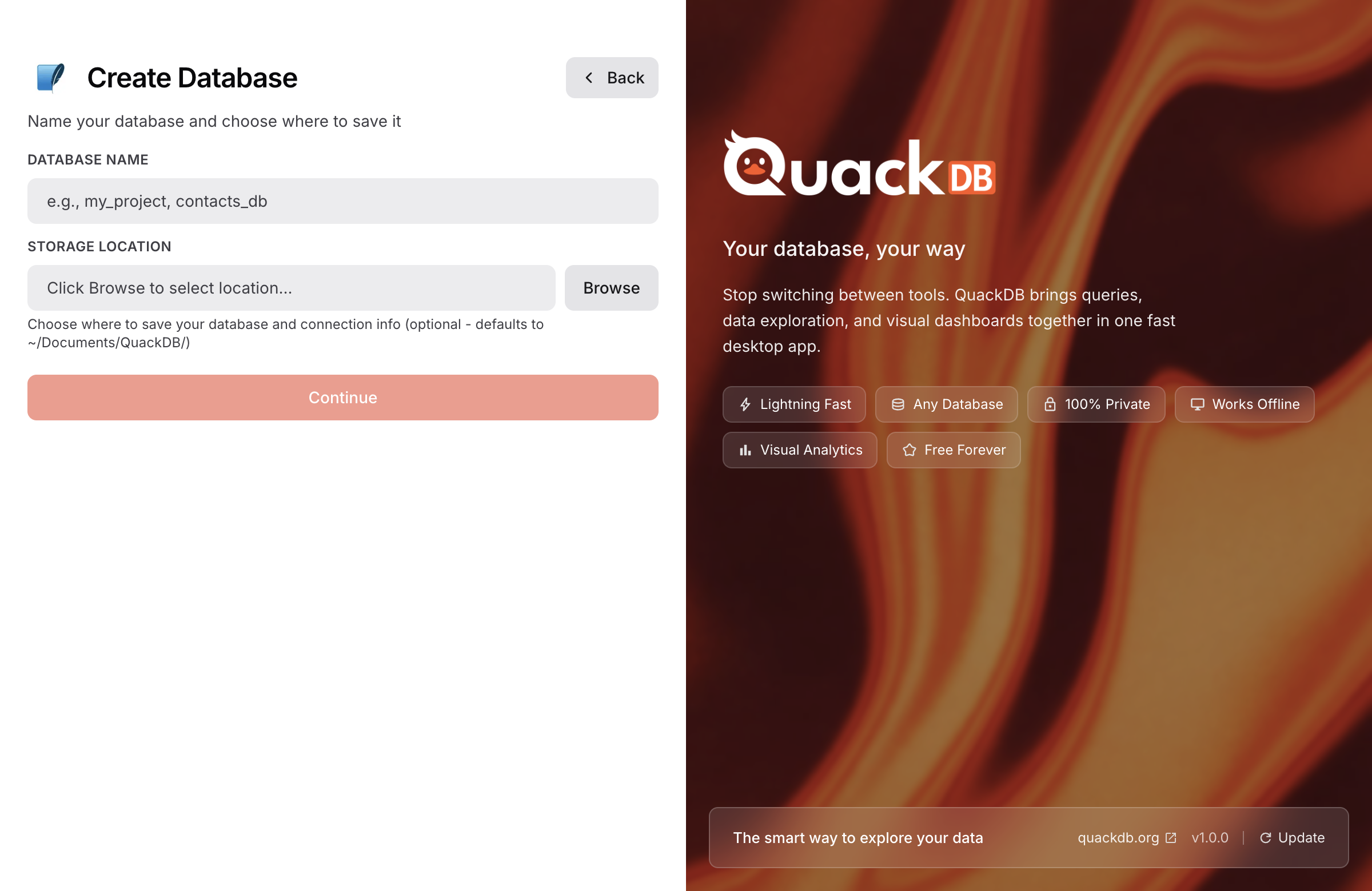 Selecting database type in QuackDB