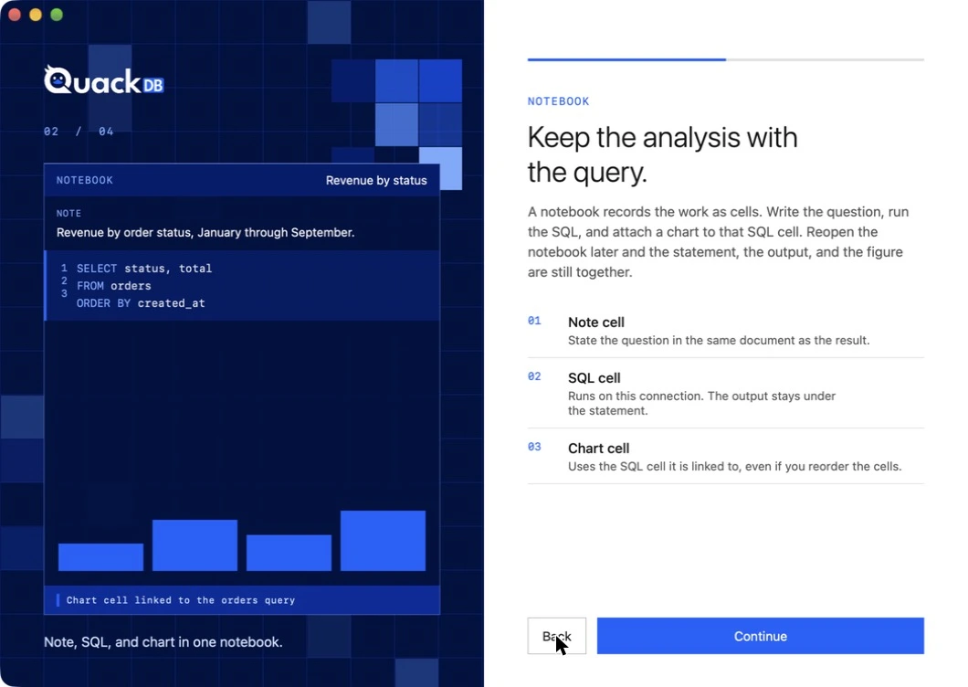QuackDB introduction page about notebooks with note, SQL and chart cells