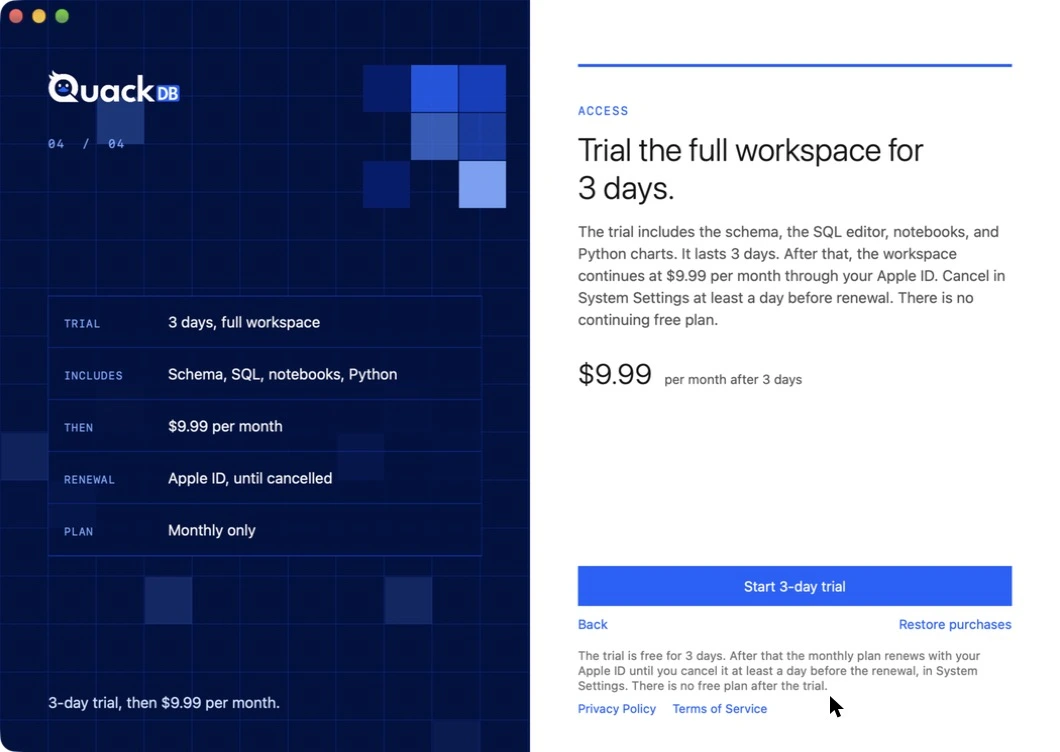 QuackDB access page describing the 3-day trial and monthly renewal through the Apple ID