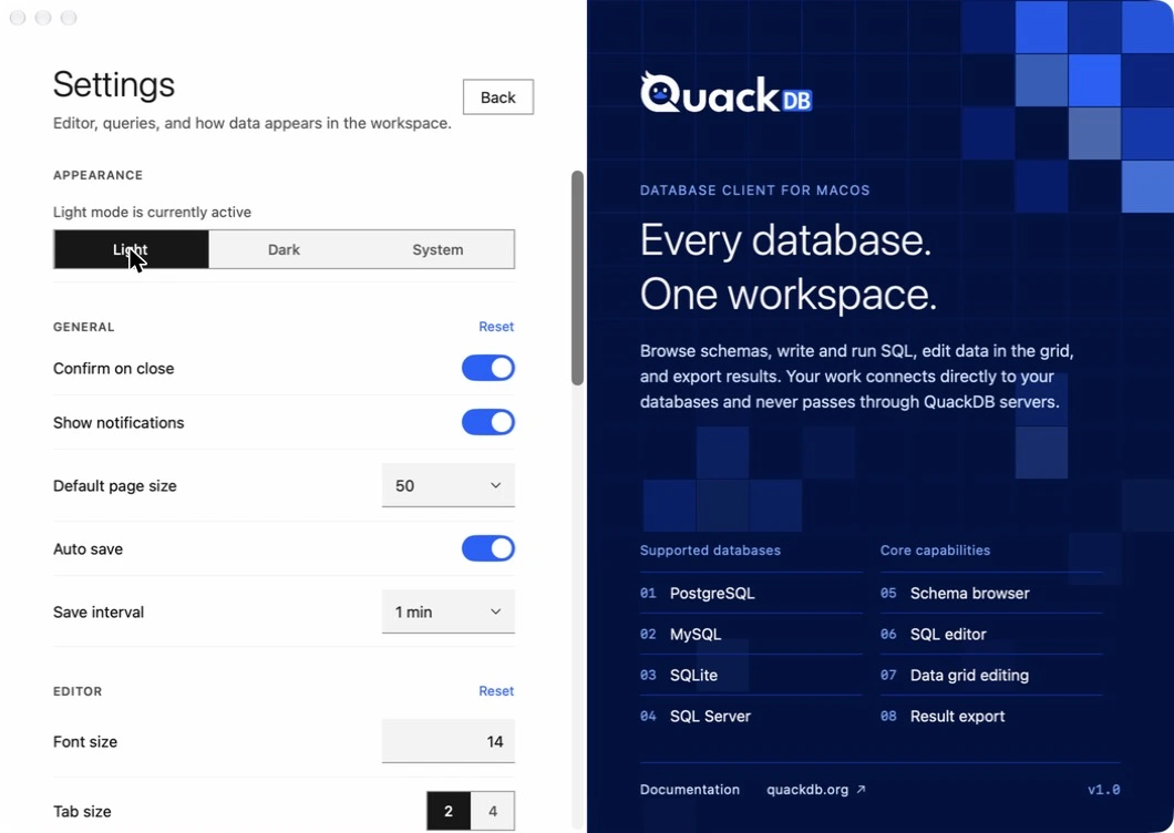 QuackDB Settings with Appearance set to Light, System or Dark, and General options