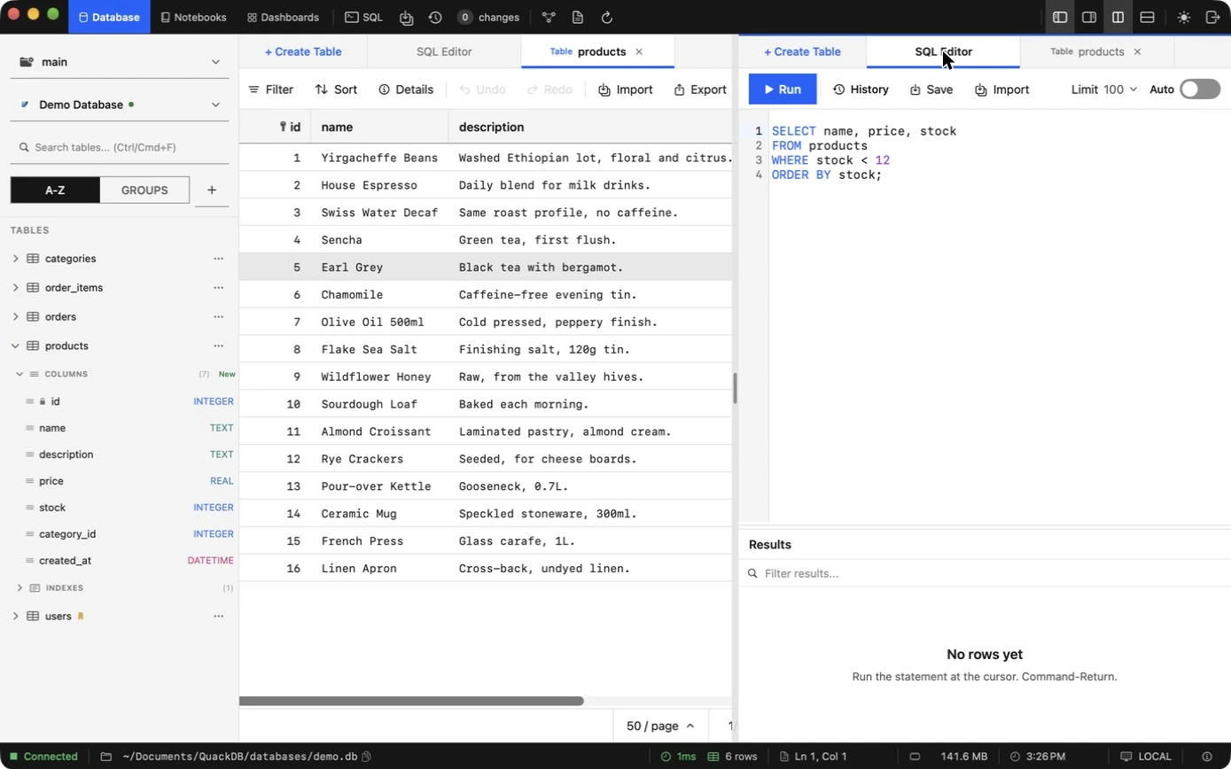 QuackDB split view with a products table on the left and the SQL editor on the right