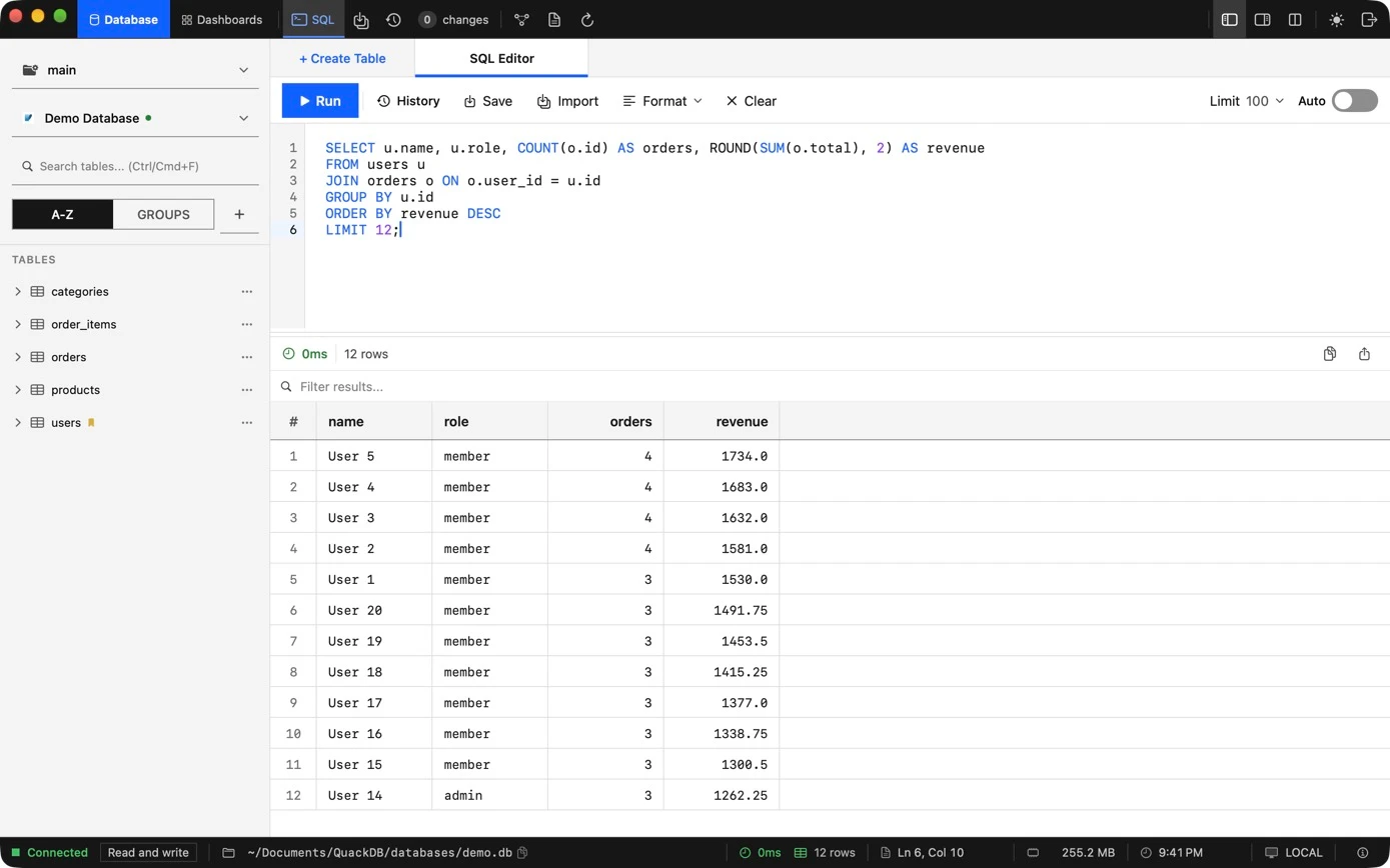 QuackDB SQL editor showing a query and results