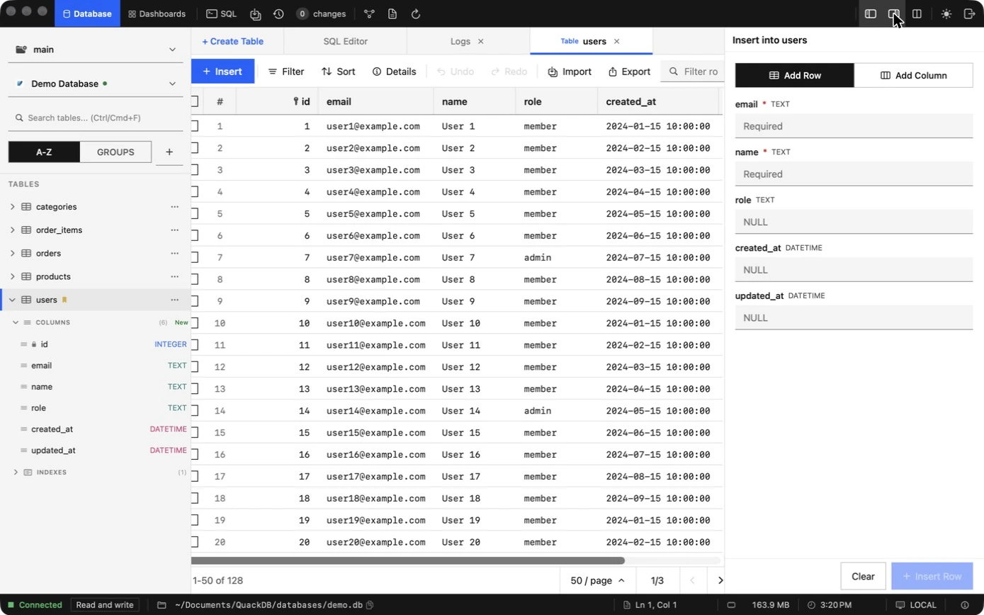 QuackDB data grid with Insert, Filter, Sort, Details, Undo, Redo, Import and Export controls and the insert panel