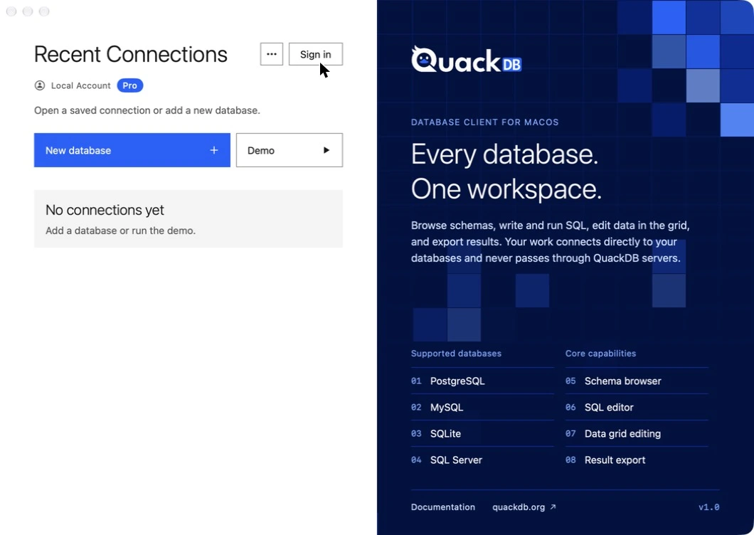 QuackDB welcome window with Recent Connections, New database and Demo buttons