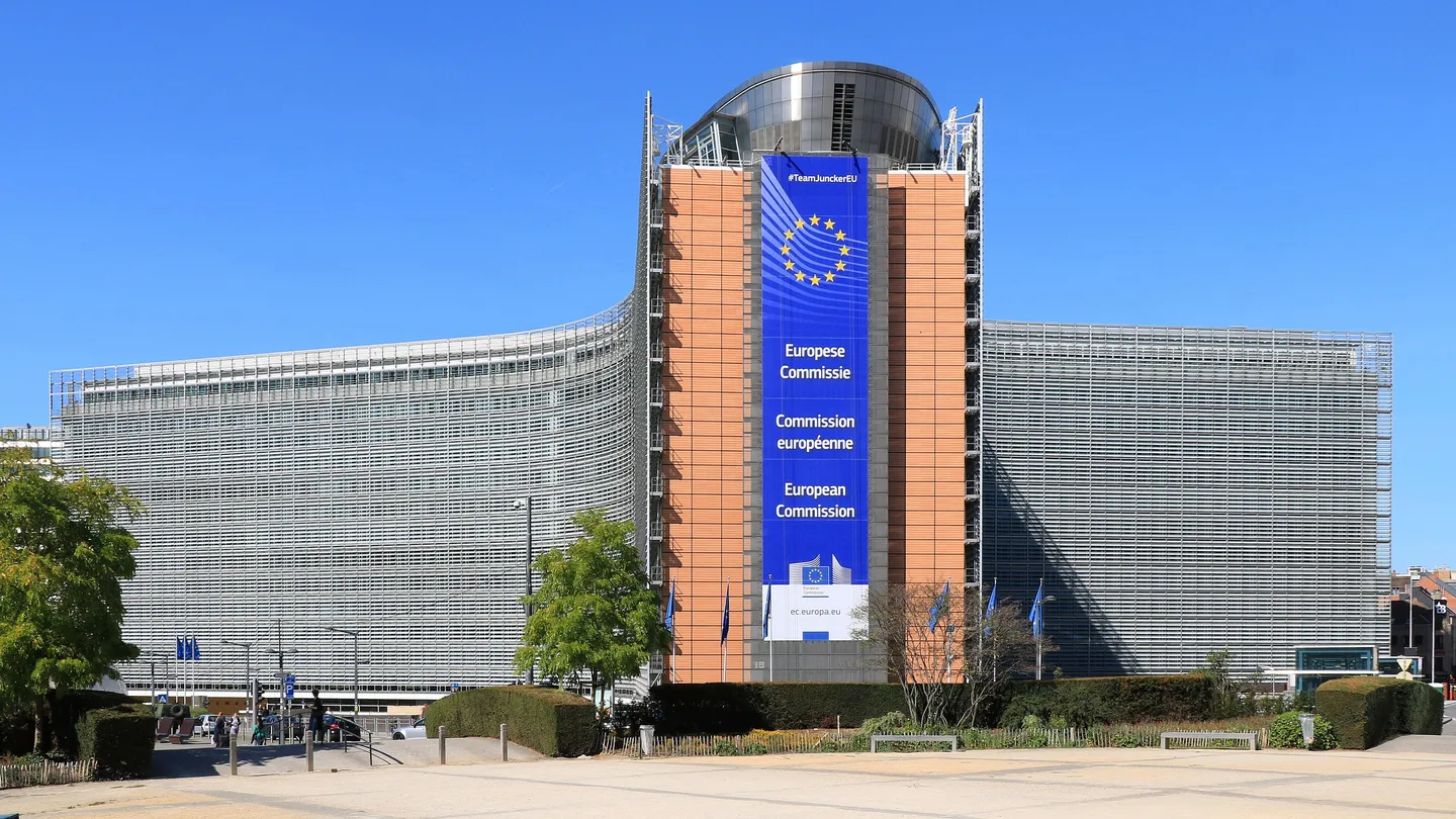 The Berlaymont building in Brussels, headquarters of the European Commission, with EU banners