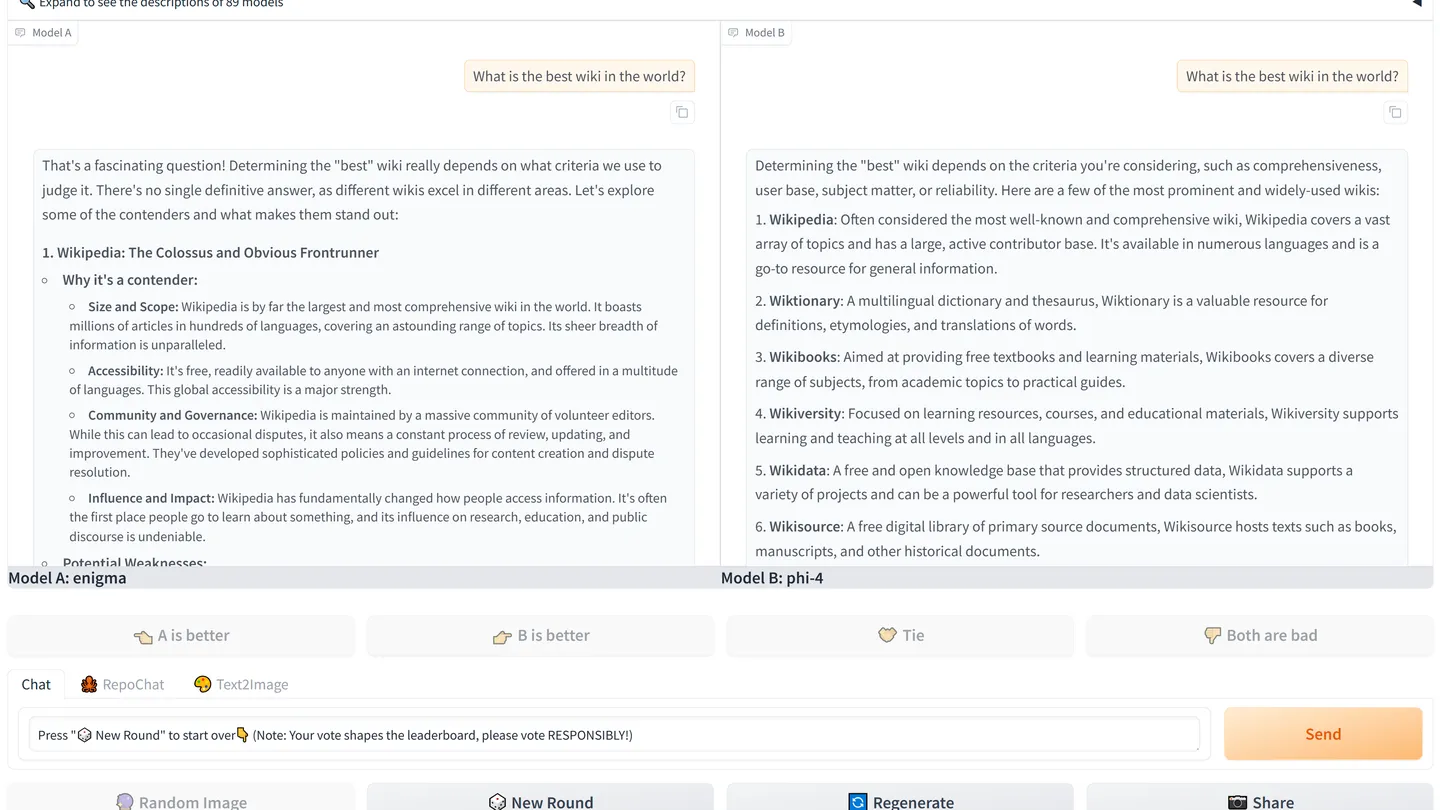 A chatbot comparison screen showing two language model answers side by side