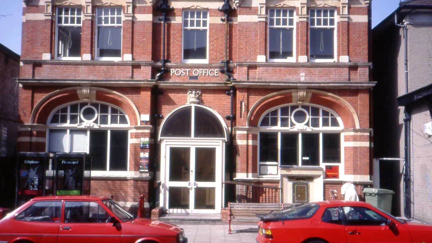 A red-brick Post Office building in Surbiton, England, photographed in 1994